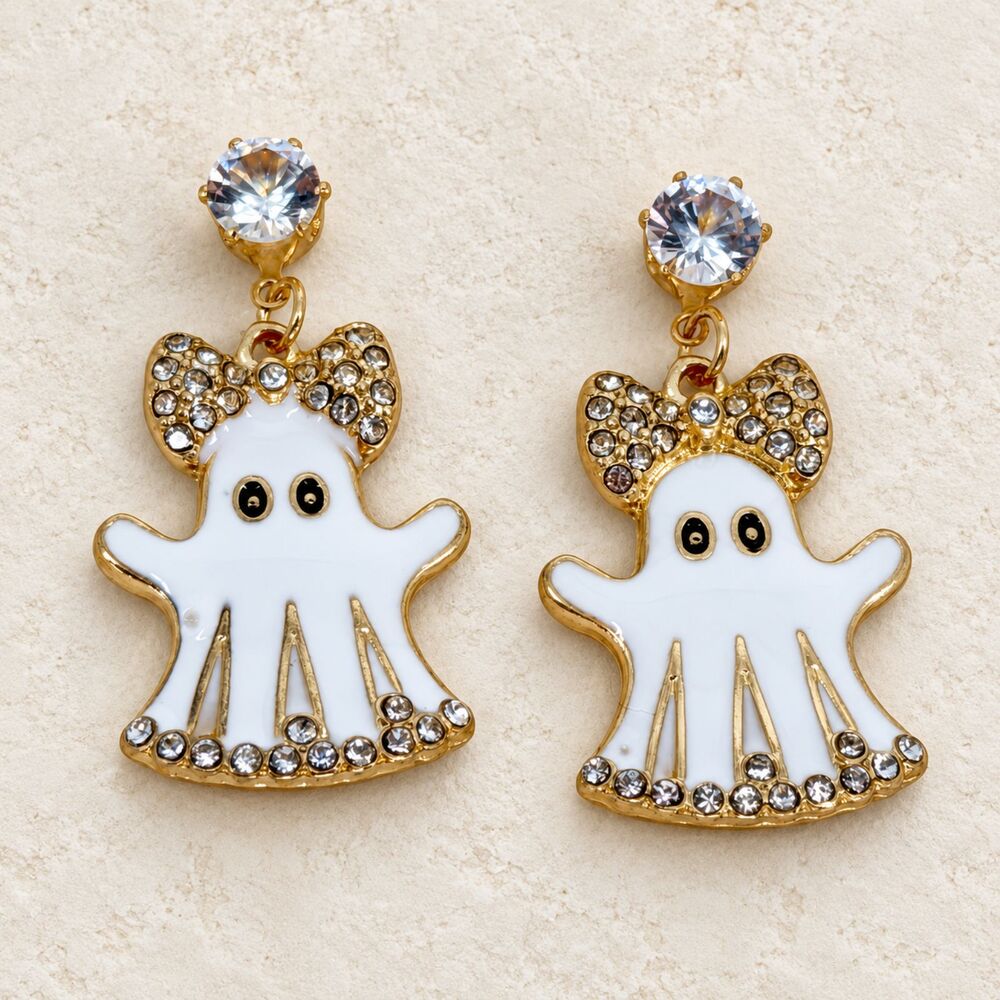 White Enamel Rhinestone Ghost Bow Earrings Spooky Halloween Jewelry